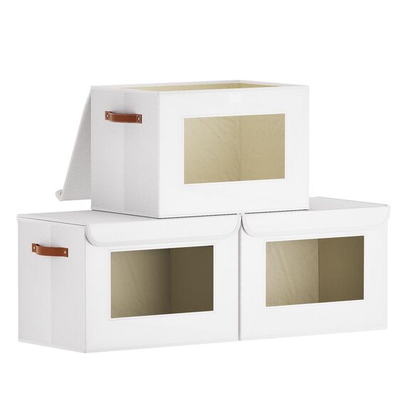 YheenLf Aufbewahrungsbox mit Deckel Stoff, Schrank Organizer Kleiderschrank, Aufbewahrungsboxn mit Fenster, Faltbox mit Griff, 3 Stück, Weiß, 45x30x30cm