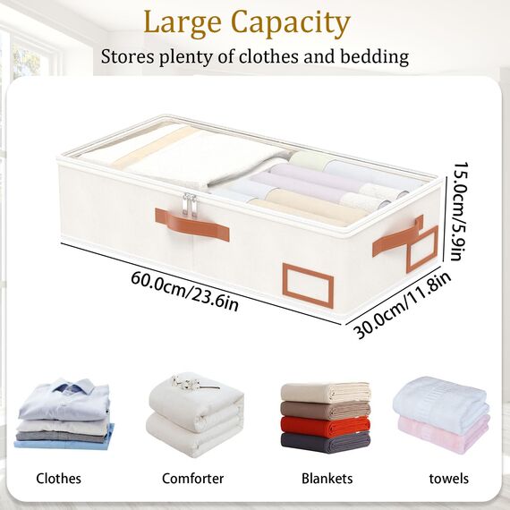 Yawinhe 3 Stück Unterbettkommode, Unterbett-Aufbewahrungstasche Kleideraufbewahrung, Faltbare Aufbewahrung Kleidung mit Klarem Fenster Für Bettdecken, Decken, Steppdecken, 60x30x15cm, Beige