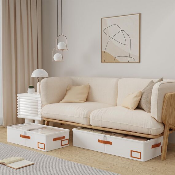 Yawinhe 1 Stück Unterbettkommode, Unterbett-Aufbewahrungstasche, Kleideraufbewahrung, Faltbare Aufbewahrung Kleidung mit Klarem Fenster, für Bettdecken, Kleidung, 60x30x15cm, Beige