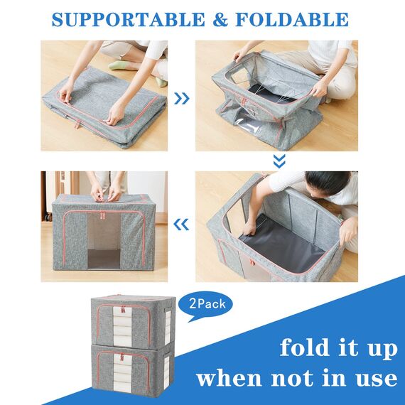 FUSACONY Kleideraufbewahrung Box 2 Stück, Kleiderschrank Organizer Faltbar Aufbewahrungsbox mit Metallrahmen und 2 Fenster, Aufbewahrungstasche für Bettdecken, Kleidung, Bettwäsche, Grau (100L)