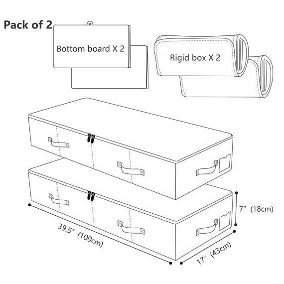 Amonsen 2er-Pack, große starre Unterbett-Aufbewahrungsboxen für Bettdecken, Queen/King Size Decken, Kunststoffplatten innen, stabil & formstabil, Schwarz-Grau
