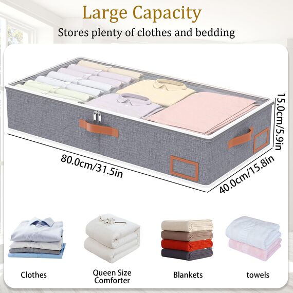 Yawinhe 2 Stück Unterbettkommode, Unterbett-Aufbewahrungstasche, Kleideraufbewahrung, Faltbare Aufbewahrung Kleidung mit Klarem Fenster, für Bettdecken, Kleidung, 80x40x15cm, Grau