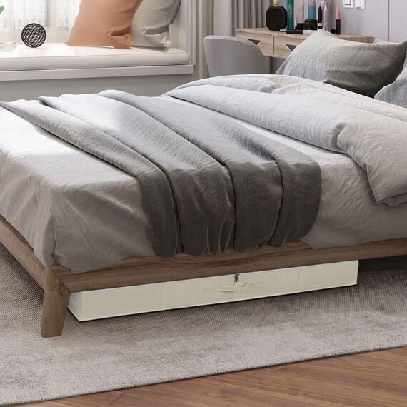 Omygarden Faltbare Unterbett Aufbewahrungsbox mit Kunststoff-Stützfutter,Decken Kleidung Tröster Aufbewahrungsbehälter Organizer für Schlafzimmer und Schrank, 90×42×18cm, Beige, 2PCS