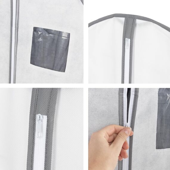 Compactor - Lange Kleiderschutzhülle zum Aufhängen Größe L - Schutz für Anzug, Mantel, langes Kleid - Reißverschluss - Atmungsaktives weißes Gewebe mit grauer Kante - Staubschutz für Kleiderschrank