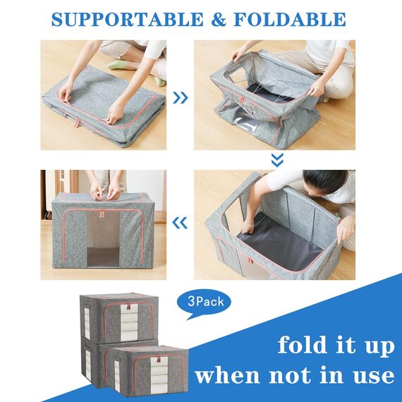 FUSACONY 3 Stück Aufbewahrungsbox, Kleiderschrank Organizer Faltbar Kleideraufbewahrung Box mit Metallrahmen, Aufbewahrungstasche für Kleidung, Bettdecken, Decken, Bettwäsche Grau (66L)