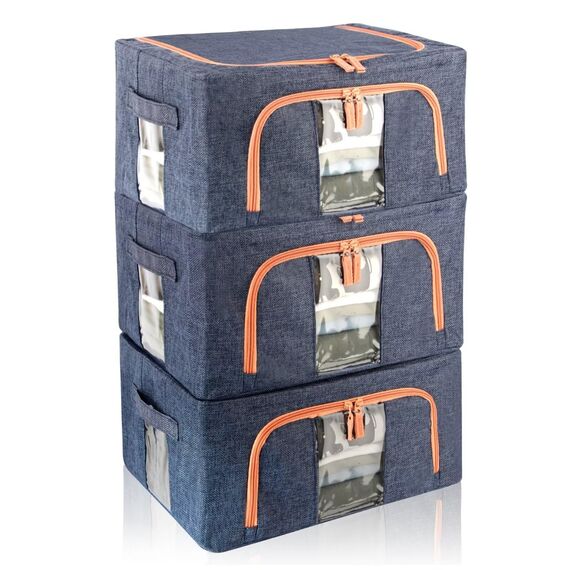 Tasmegol 3 Stück 22 l stapelbare transparente Fenster-Aufbewahrungsboxen für Kleidung, faltbarer Rahmen, Schrank-Organizer, große Kapazität, Leinenstoff-Behält