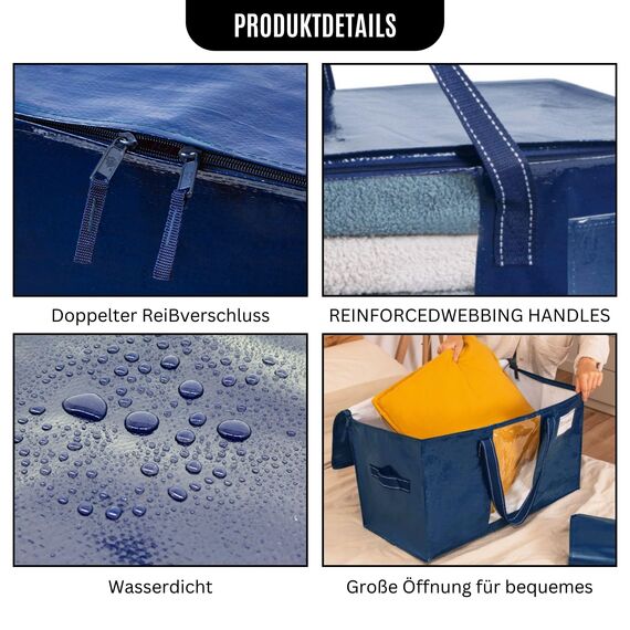 VENO Umzugstaschen 8 Stück Aufbewahrungstasche mit Griffe und Reißverschlüssen, Kleideraufbewahrung Umzugskartons, Faltbare Aufbewahrung Boxen,Wasserdichte Transporttasche (Blau, 8er-Pack)