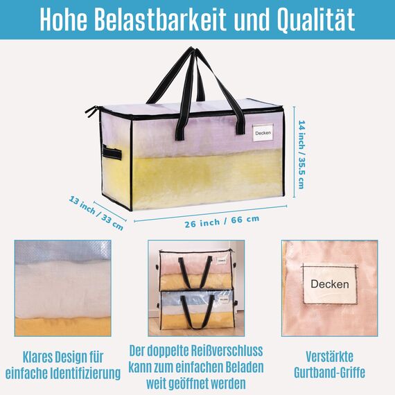 VENO Umzugstaschen 2 Stück Aufbewahrungstasche mit Griffe und Reißverschlüssen, Kleideraufbewahrung Umzugskartons, Faltbare Aufbewahrung Boxen,Wasserdichte Transporttasche (Transparent, 2er-Pack)