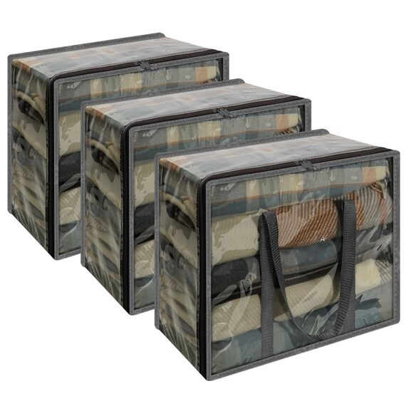 Vieshful 3 Stück Aufbewahrungstasche für Kleidung mit Verstärktem Griff Faltbare Unterbett Aufbewahrungsbox Vinyl Organizer für Bettdecke 40L Grau