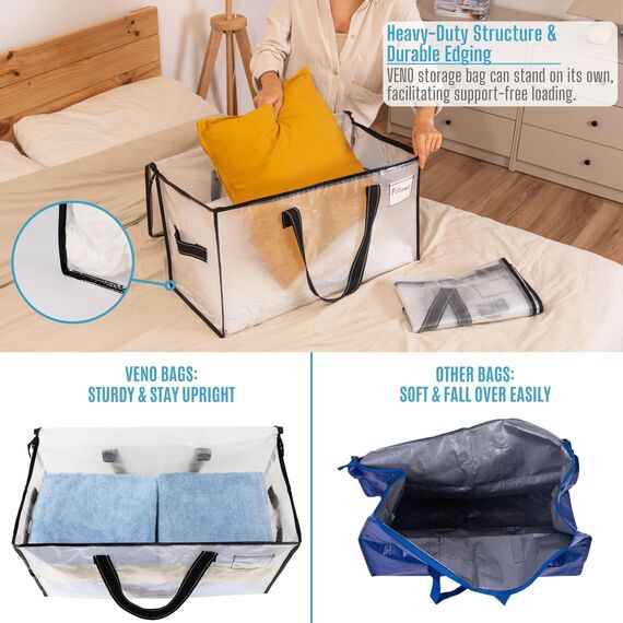 VENO Umzugstaschen 6 Stück Aufbewahrungstasche mit Griffe und Reißverschlüssen, Kleideraufbewahrung Umzugskartons, Faltbare Aufbewahrung Boxen,Wasserdichte Transporttasche (Transparent, 6er-Pack)