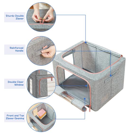 FUSACONY 3 Stück Aufbewahrungsbox, Kleiderschrank Organizer Faltbar Kleideraufbewahrung Box mit Metallrahmen, Aufbewahrungstasche für Kleidung, Bettdecken, Decken, Bettwäsche Grau (66L)