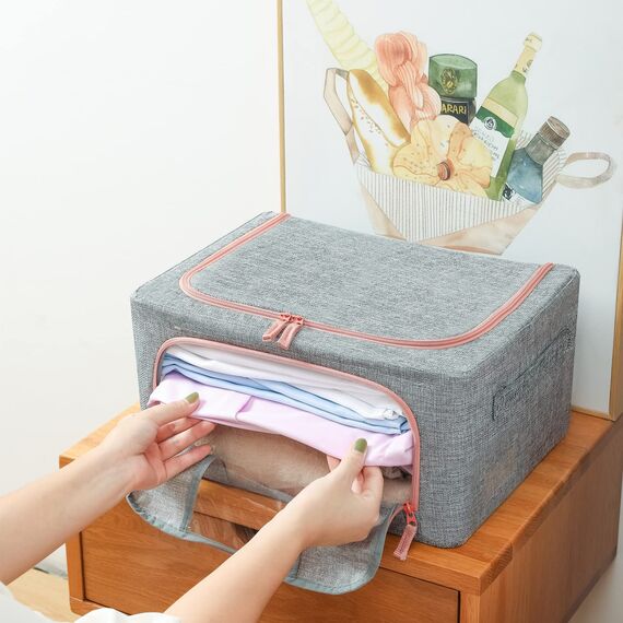 FUSACONY Kleideraufbewahrung Box 2 Stück, Kleiderschrank Organizer Faltbar Aufbewahrungsbox mit Metallrahmen und 2 Fenster, Aufbewahrungstasche für Kleidung, Bettdecken, Decken, Bettwäsche, Grau(22L)