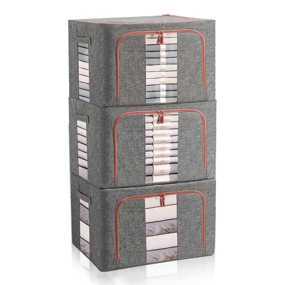 FUSACONY 3 Stück Kleideraufbewahrung Box, Kleiderschrank Organizer Faltbar Aufbewahrungsbox mit Metallrahmen und 2 Fenster, Aufbewahrungstasche für Kleidung, Bettdecken, Decken, Bettwäsche, Grau(22L)