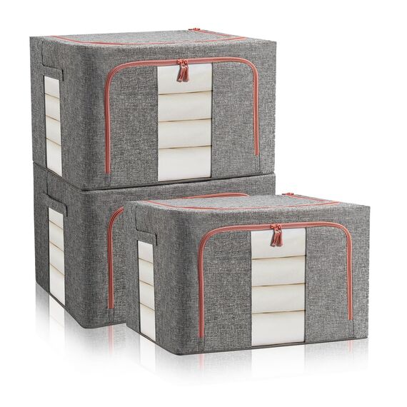 FUSACONY 3 Stück Aufbewahrungsbox, Kleiderschrank Organizer Faltbar Kleideraufbewahrung Box mit Metallrahmen, Aufbewahrungstasche für Kleidung, Bettdecken, Decken, Bettwäsche Grau (66L)
