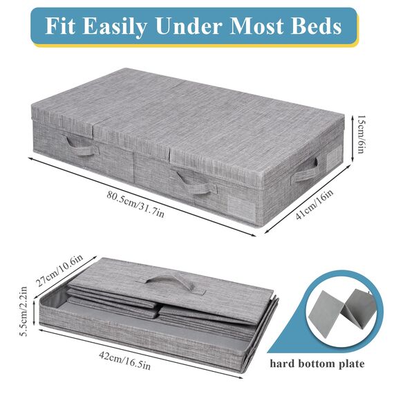 Lannvan Unterbettkommode mit Deckel, Unterbett Aufbewahrungsbox 15 cm Hoch, Unterbett Aufbewahrung Faltbarer mit Griffen und Etikettentaschen (80.5 x 41 x 15cm, 2 Stück), Grau