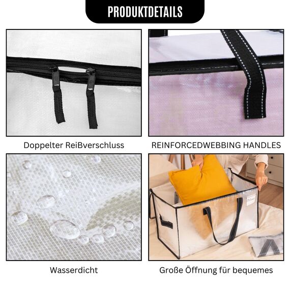 VENO Umzugstaschen 2 Stück Aufbewahrungstasche mit Griffe und Reißverschlüssen, Kleideraufbewahrung Umzugskartons, Faltbare Aufbewahrung Boxen,Wasserdichte Transporttasche (Transparent, 2er-Pack)