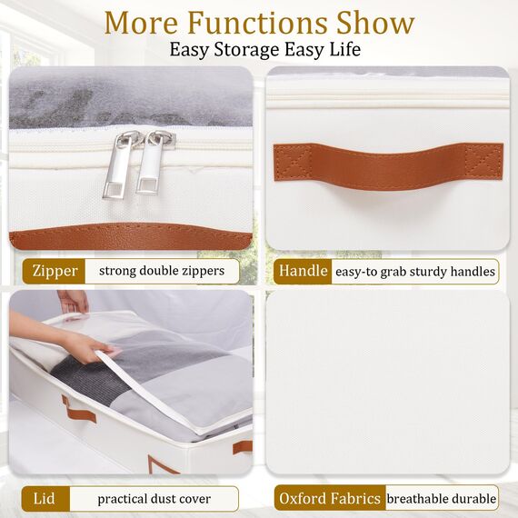 Yawinhe 1 Stück Unterbettkommode, Unterbett-Aufbewahrungstasche, Kleideraufbewahrung, Faltbare Aufbewahrung Kleidung mit Klarem Fenster, für Bettdecken, Kleidung, 60x30x15cm, Beige