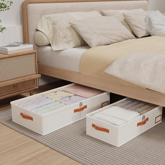 Yawinhe 2 Stück Unterbettkommode, Unterbett-Aufbewahrungstasche, Kleideraufbewahrung, Faltbare Aufbewahrung Kleidung mit Klarem Fenster, für Bettdecken, Kleidung, 60x30x15cm, Beige