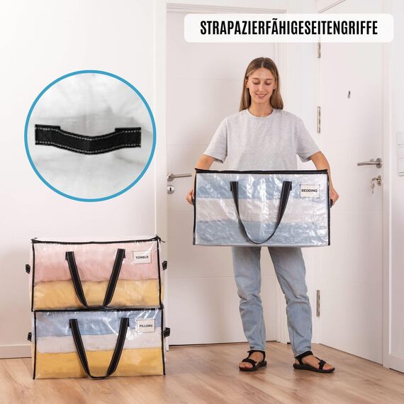 VENO Umzugstaschen 2 Stück Aufbewahrungstasche mit Griffe und Reißverschlüssen, Kleideraufbewahrung Umzugskartons, Faltbare Aufbewahrung Boxen,Wasserdichte Transporttasche (Transparent, 2er-Pack)