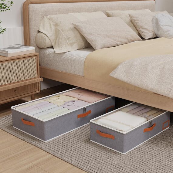 Yawinhe 2 Stück Unterbettkommode, Unterbett-Aufbewahrungstasche, Kleideraufbewahrung, Faltbare Aufbewahrung Kleidung mit Klarem Fenster, für Bettdecken, Kleidung, 80x40x15cm, Grau