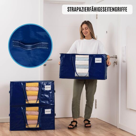VENO Umzugstaschen 6 Stück Aufbewahrungstasche mit Griffe und Reißverschlüssen, Kleideraufbewahrung Umzugskartons, Faltbare Aufbewahrung Boxen,Wasserdichte Transporttasche (Blau, 6er-Pack)
