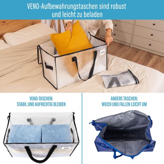 VENO Umzugstaschen 4 Stück Aufbewahrungstasche mit Griffe und Reißverschlüssen, Kleideraufbewahrung Umzugskartons, Faltbare Aufbewahrung Boxen,Wasserdichte Transporttasche (Transparent, 4er-Pack)