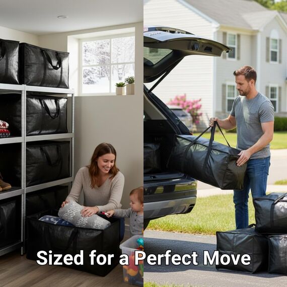 BAG-THAT! 10 schwarze Umzugstaschen, extra groß, strapazierfähig, Aufbewahrungstaschen, Decken, platzsparend, mit verstärkten Griffen, Reißverschlüssen, Jumbo-Kunststoff-Aufbewahrungstaschen-Set (10)