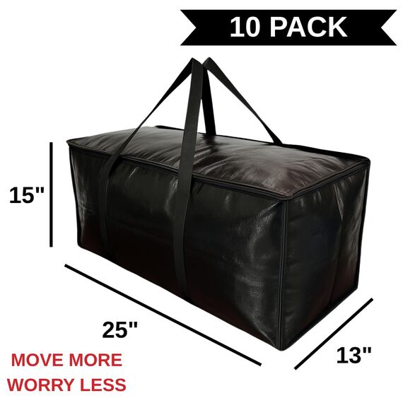 BAG-THAT! 10 schwarze Umzugstaschen, extra groß, strapazierfähig, Aufbewahrungstaschen, Decken, platzsparend, mit verstärkten Griffen, Reißverschlüssen, Jumbo-Kunststoff-Aufbewahrungstaschen-Set (10)