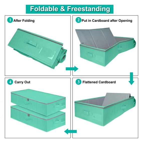 punemi Unterbett-Aufbewahrungsbehälter, 17 cm hoch, Unterbettkommode mit stabilen Seitenwänden/Boden, Unterbett-Aufbewahrungsbehälter, 2 dünne Behälter mit Griffen, Blaugrün, 2 Stück