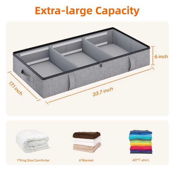 Vailando Unterbett-Aufbewahrungstaschen, Organizer (2 Stück), Stoff mit Reißverschluss, große Kapazität, Aufbewahrungsbox für Decken, stabile Aufbewahrungskörbe mit verstärkten Griffen, grau
