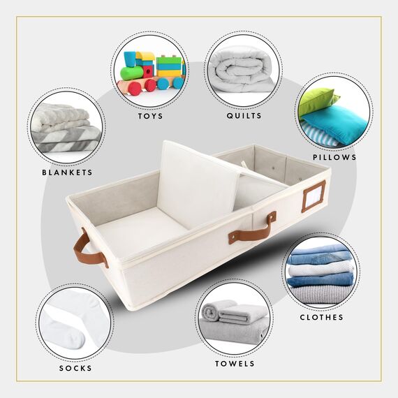 HOMELUX THEORY Unterbett-Aufbewahrungsbehälter, Schlafzimmer unter dem Bett, Schublade, Organizer mit Behältern und Deckeln, mittlere Unterbett-Kleidung, ideal für Decke, Stoff und Schuhe, Elfenbein,