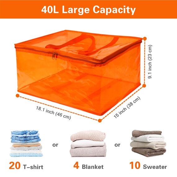 Vieshful 3 Stück Aufbewahrungstasche für Kleidung mit Verstärktem Griff Faltbare Unterbett Aufbewahrungsbox Vinyl Organizer für Bettdecke 40L Orange