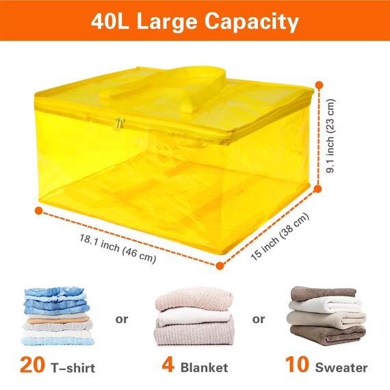 Vieshful 3 Stück Aufbewahrungstasche für Kleidung mit Verstärktem Griff Faltbare Unterbett Aufbewahrungsbox Vinyl Organizer für Bettdecke 40L Gelb