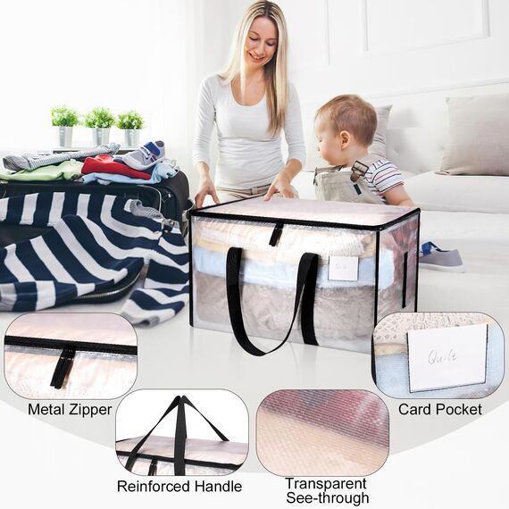 Yafe Große Aufbewahrungsboxen für Kleidung mit Deckel, 91 l, transparente Kapazität, Aufbewahrungsbeutel, Organizer, Umzugstaschen, Verpackungsboxen für Umzug, Kleidung, Bettwäsche, Bettdecke,