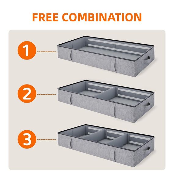 Vailando Unterbett-Aufbewahrungstaschen, Organizer (2 Stück), Stoff mit Reißverschluss, große Kapazität, Aufbewahrungsbox für Decken, stabile Aufbewahrungskörbe mit verstärkten Griffen, grau