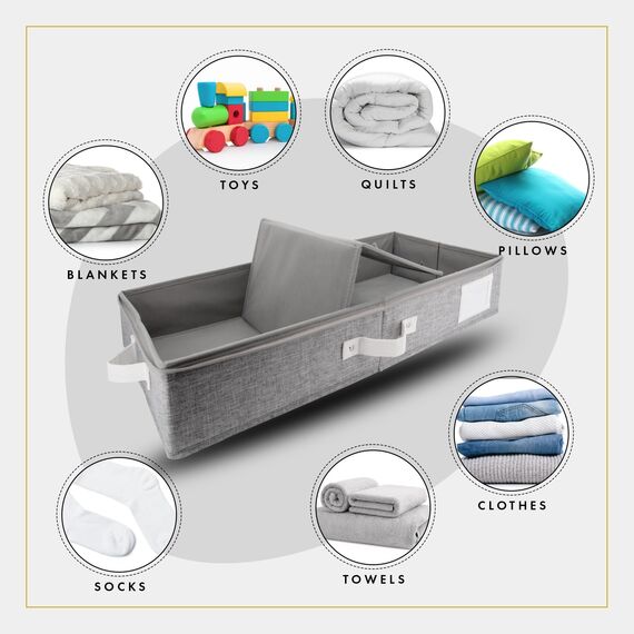 HOMELUX THEORY Premium Unterbett-Aufbewahrungsbehälter, extra dicker Karton auf allen Seiten, 83 x 43 x 15 cm, Unterbett-Aufbewahrungsbehälter, doppelte sichere Griffe und transparente PVC-Oberseite,