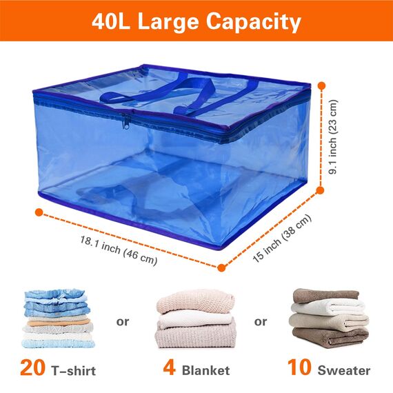 Vieshful 3 Stück Aufbewahrungstasche für Kleidung mit Verstärktem Griff Faltbare Unterbett Aufbewahrungsbox Vinyl Organizer für Bettdecke 40L Blau