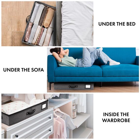 HOMELUX THEORY Unterbett-Aufbewahrungsbehälter, Schlafzimmer unter dem Bett, Schublade, Organizer mit Behältern und Deckeln, mittlere Unterbett-Kleidung, ideal für Decke, Stoff und Schuhe, Dunkelgrau,