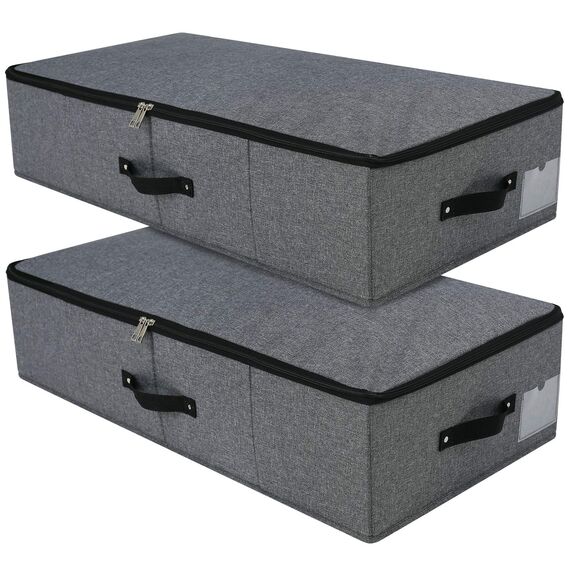 Faltbare Aufbewahrungsbox unter dem Bett mit Kunststoffeinlage, Griffen, Reißverschluss-Deckel, Decken, Kleidung, Bettdecken, Aufbewahrungskorb für Schlafzimmer und Schrank, Schwarz / Grau, 2 Stück