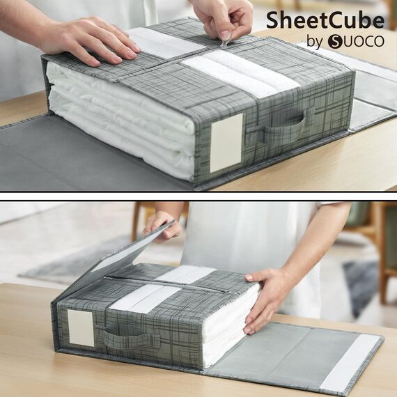 SUOCO SheetCube Bettlaken-Set, Organizer, 4 Stück (Queen-Size- oder King-Size), faltbare Aufbewahrungsbox für Bettbezug-Set, Leinen-Schrank-Organizer für Bettwäsche, Kleidung, Decken, Grau