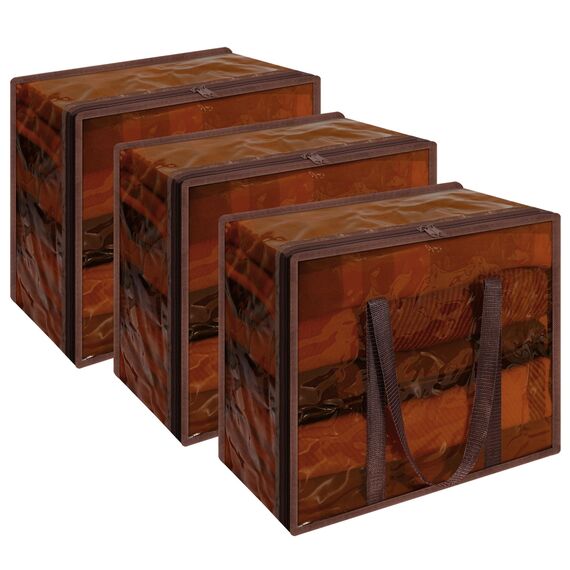 Vieshful 3 Pack Aufbewahrungstasche für Kleidung mit Verstärktem Griff Faltbare Unterbett Aufbewahrungsbox Vinyl Organizer für Bettdecke 40L Braun