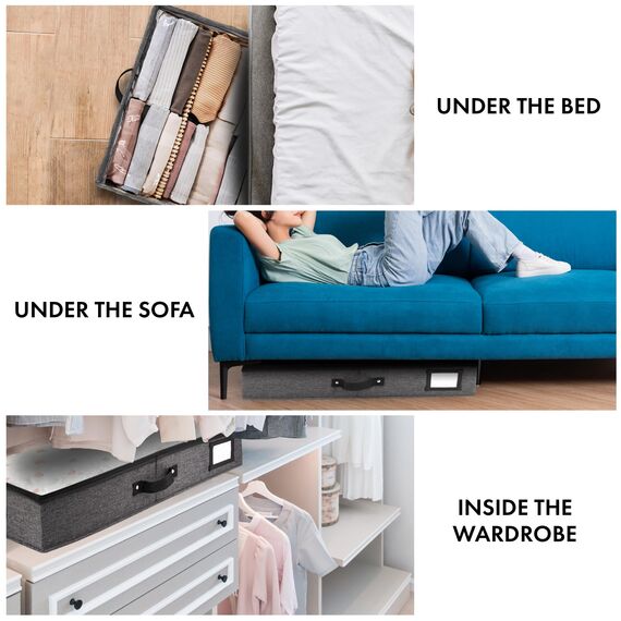 HOMELUX THEORY Premium Unterbett-Aufbewahrungsbehälter, extra dicker Karton auf allen Seiten, 83 x 43 x 15 cm, Unterbett-Aufbewahrungsbehälter, doppelte sichere Griffe und transparente PVC-Oberseite,