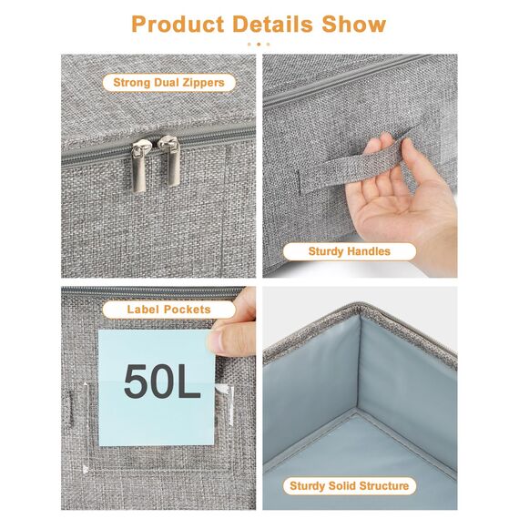 punemi Unterbettaufbewahrung, 3 Stück, Unterbett-Aufbewahrungsbehälter mit Deckel, faltbar, stabil, Kleideraufbewahrung, Schublade, Organizer mit 3 Griffen, ultradicker Stoff, für Decken, Schuhe, Grau