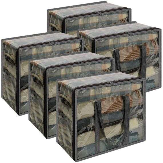 Vieshful 5 Stück Aufbewahrungstasche für Kleidung mit Verstärktem Griff Faltbare Unterbett Aufbewahrungsbox Vinyl Organizer für Bettdecke 40L Rosa Grau