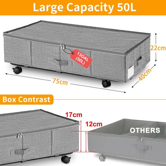 JUPELI Unterbettkommode mit Rollen, Faltbare Unterbett Aufbewahrungsbox, 360° Drehung Bettkasten Aufbewahrung, Groß Aufbewahrungsbox mit Deckel für Steppdecken Kleidung Spielzeug Schuh, 2 Stück (grey)