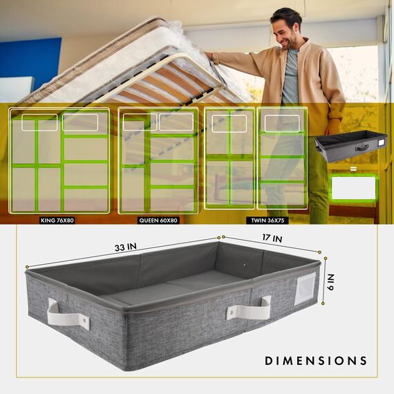 HOMELUX THEORY Premium Unterbett-Aufbewahrungsbehälter, extra dicker Karton auf allen Seiten, 83 x 43 x 15 cm, Unterbett-Aufbewahrungsbehälter, doppelte sichere Griffe und transparente PVC-Oberseite,
