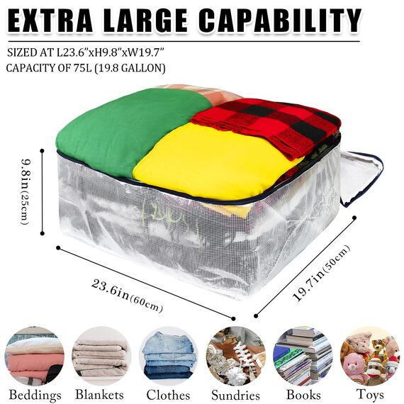 Ineetatu Transparente Aufbewahrungsbeutel mit Reißverschluss, extra großes Fassungsvermögen, 75 l, für Schrank, Unterbett-Aufbewahrungs-Organizer für Kleidung, Bettwäsche, Schmusetuch, Spielzeug,