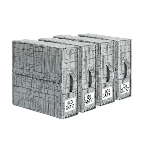 SUOCO SheetCube Bettlaken-Set, Organizer, 4 Stück (Queen-Size- oder King-Size), faltbare Aufbewahrungsbox für Bettbezug-Set, Leinen-Schrank-Organizer für Bettwäsche, Kleidung, Decken, Grau