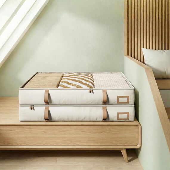 Vailando Unterbett-Aufbewahrungsbehälter, faltbare Aufbewahrungsbehälter für Decken, Bettdecke und saisonale Kleidung, 15,2 cm hoch, Beige mit braunen Ledergriffen, 2 Stück