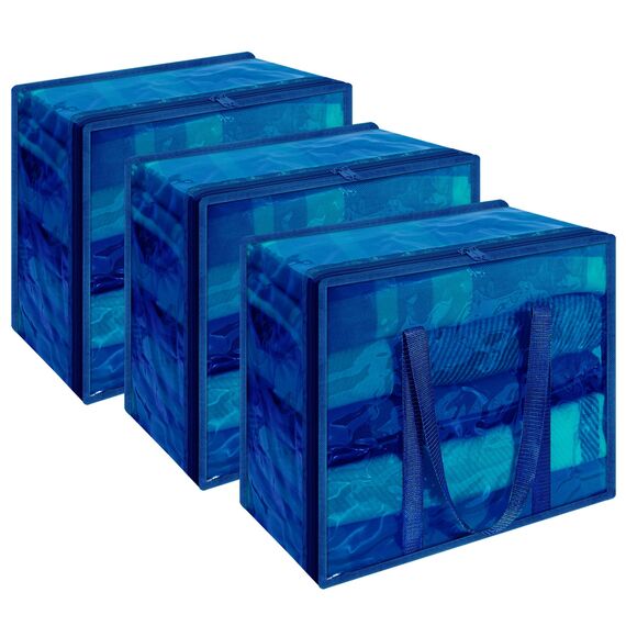 Vieshful 3 Stück Aufbewahrungstasche für Kleidung mit Verstärktem Griff Faltbare Unterbett Aufbewahrungsbox Vinyl Organizer für Bettdecke 40L Blau